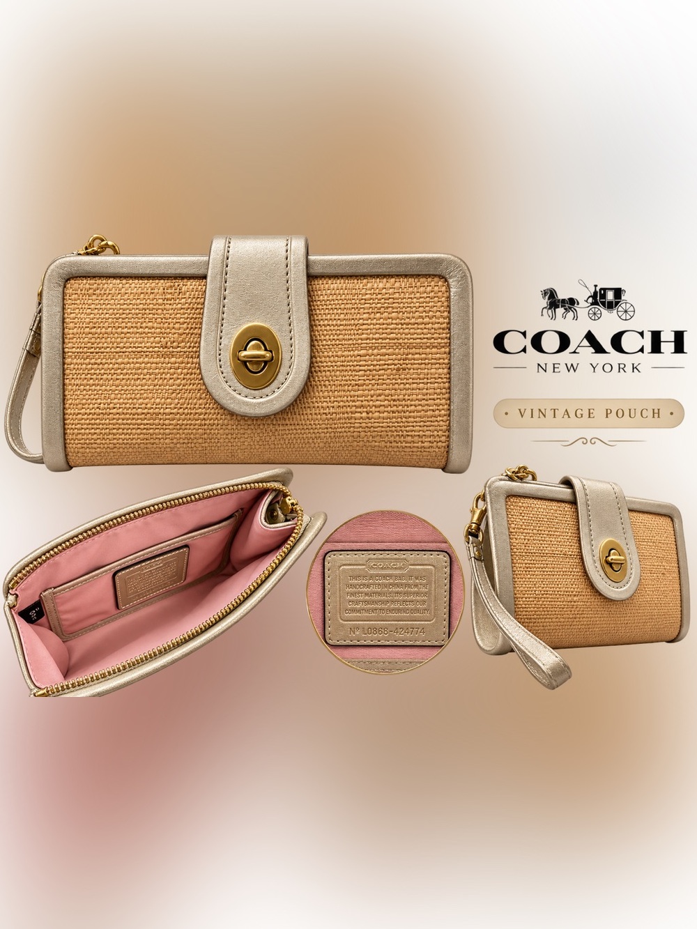 Coach Pink & Tan Woven Clutch with Gold Hardware
